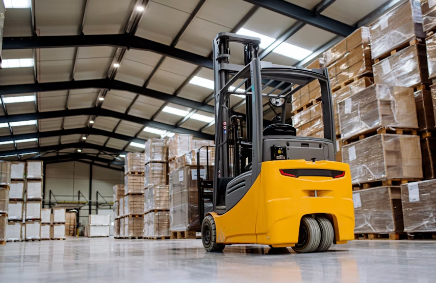 Forklifts operating in a warehouse